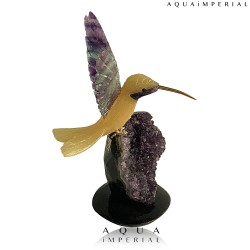 YELLOW QUARTS HUMMING BIRD ON AMETHYST BASE 