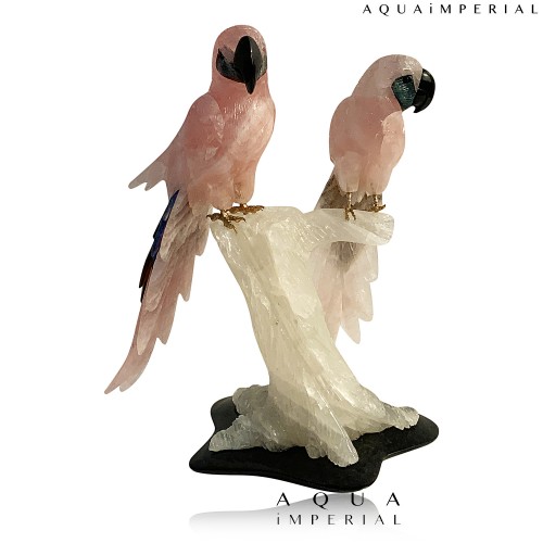 ROSE QUARTZ TWIN MACAW BIRD ON QUARTZ BASE