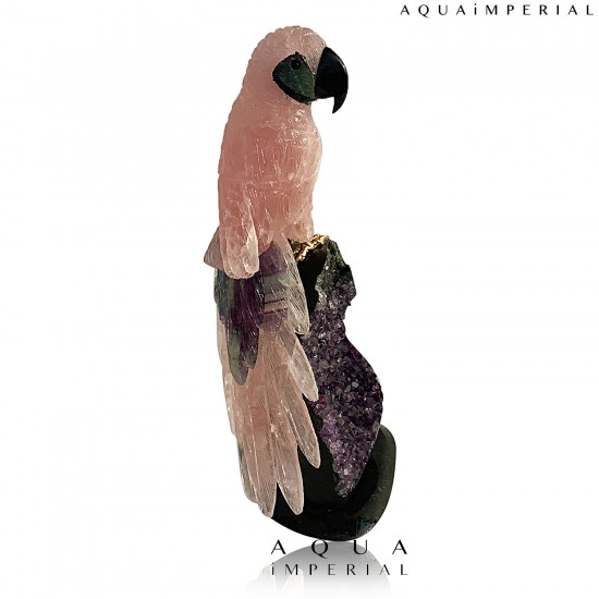 ROSE QUARTZ MACAW BIRD ON AMETHYST BASE