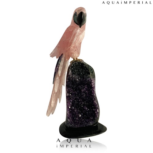 ROSE QUARTZ MACAW BIRD ON AMETHYST BASE