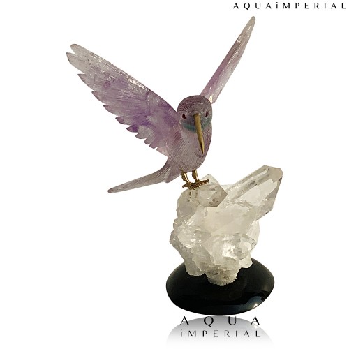 AMETHYST HUMMING BIRD ON ROCK CYSTAL BASE