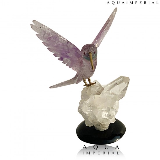 AMETHYST HUMMING BIRD ON ROCK CYSTAL BASE
