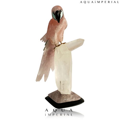 ROSE QUARTZ MACAW BIRD ON ROCK CRYSTAL BASE