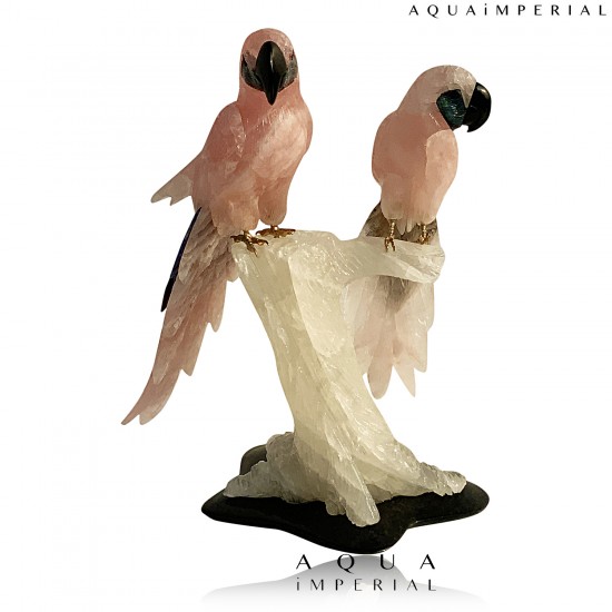 ROSE QUARTZ TWIN MACAW BIRD ON QUARTZ BASE