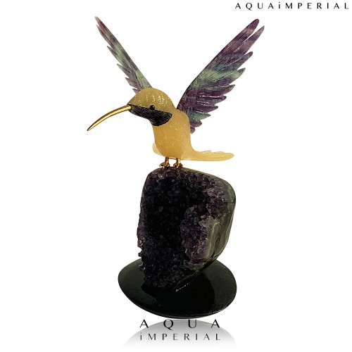YELLOW QUARTS HUMMING BIRD ON AMETHYST BASE 