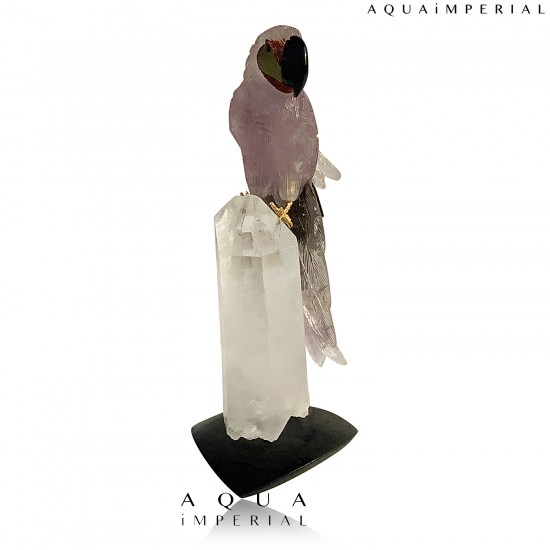 AMETHYST MACAW BIRD ON ROCK CRSTAL BASE 