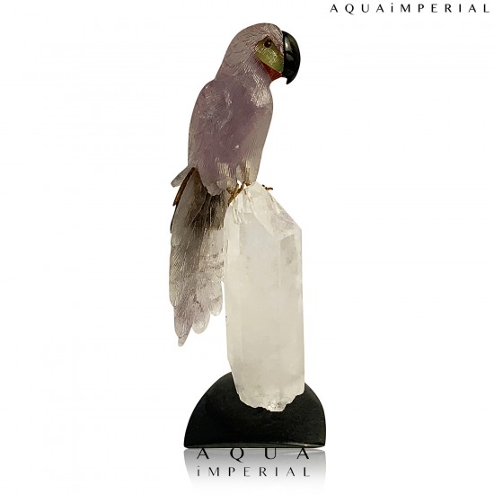 AMETHYST MACAW BIRD ON ROCK CRSTAL BASE 