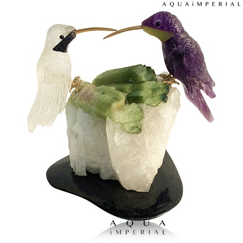 TWIN HUMMINGBIRD ON QUARTZ BASE