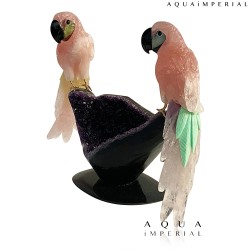 TWIN ROSE QUARTZ MACAW ON AMETHYST BASE