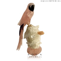 ROSE QUARTS MACAW ON CRYSTAL BASE