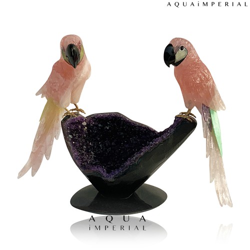 TWIN ROSE QUARTZ MACAW ON AMETHYST BASE
