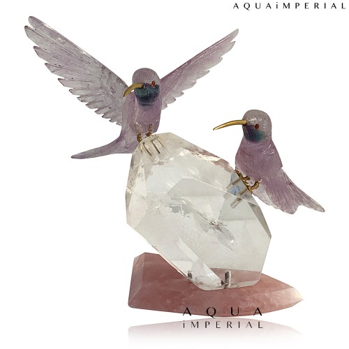 AMETHYT TWIN HUMMMINGBIRDS ON ROCK CRYSTAL 