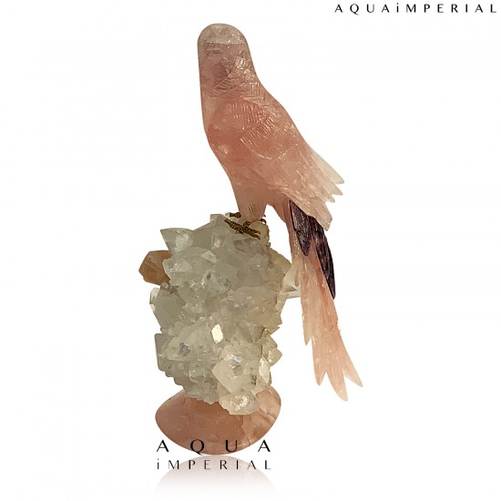 ROSE QUARTS MACAW ON CRYSTAL BASE