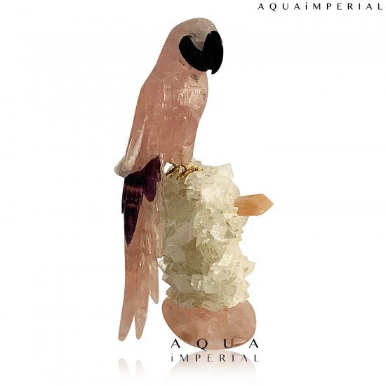 ROSE QUARTS MACAW ON CRYSTAL BASE