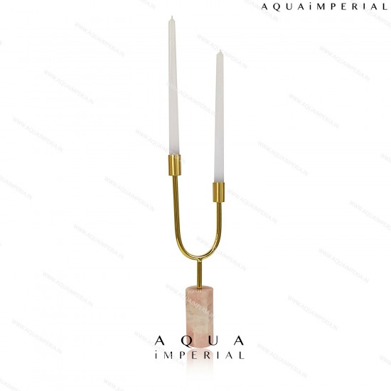 Rose Quartz with twin brass candle holder 