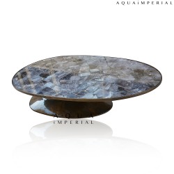 SMOKY QUARTS OVAL CENTER TABLE WITH BRONZE  BASE