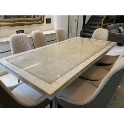 CLASSIC QUARTS DINING TABLE WITH  RIVER SHELL & BRASS INLAY 