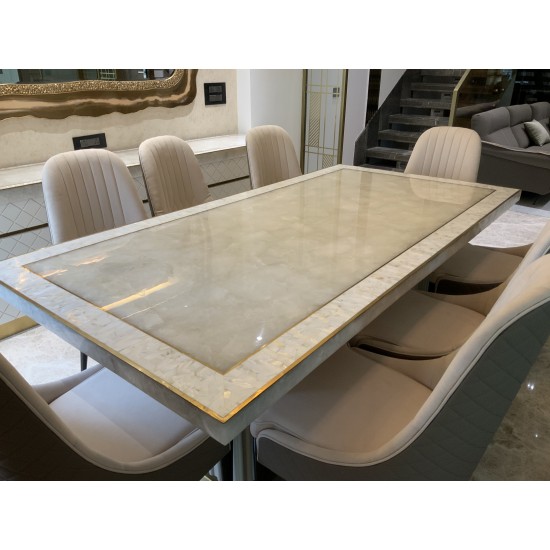 CLASSIC QUARTS DINING TABLE WITH RIVER SHELL & BRASS INLAY CLASSIC QUARTS DINING TABLE WITH RIVER SHELL & BRASS INLAY