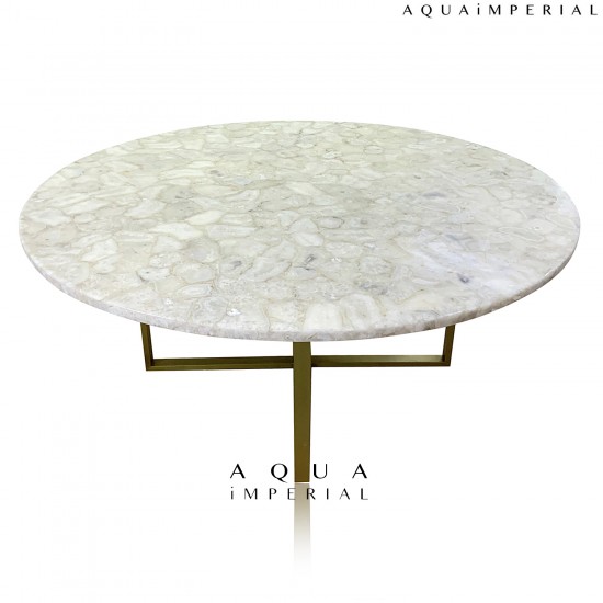 WHITE AGATE ROUND DINING TABLE WITH BRASS BASE 