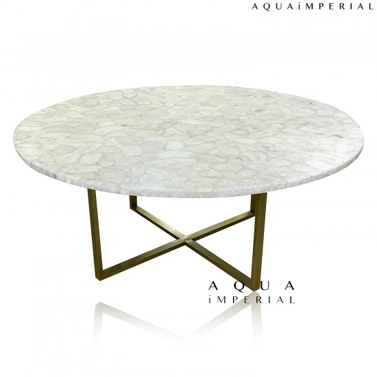 WHITE AGATE ROUND DINING TABLE WITH BRASS BASE 