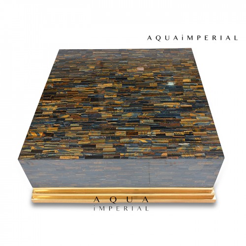 Blue Tiger Eye With Golden SS Base Center Table Top