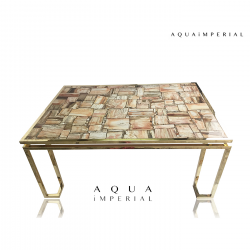 Petrified Wood Retro With Brass Base Center Table Top
