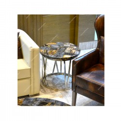 Black Petrified Wood With SS Base Corner Table Top